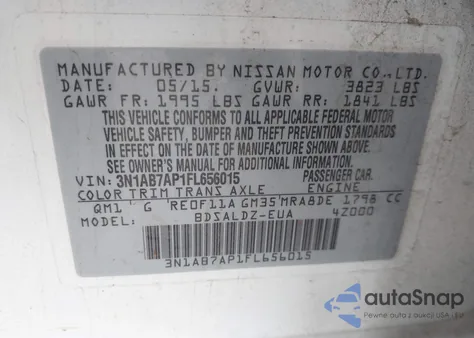 2015 Nissan Sentra Fe+ S/S/Sl/Sr/Sv z USA, uszkodzony, nr VIN 3N1AB7AP1FL656015